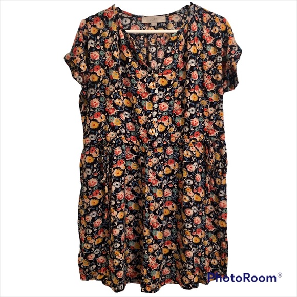 LOFT Floral Side-Tie Henley Mini Dress, MP, Navy and Red/Orange/Yellow - Picture 3 of 16